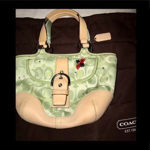 Coach Signature Ladybug Green Canvas with Leather Trim Tote